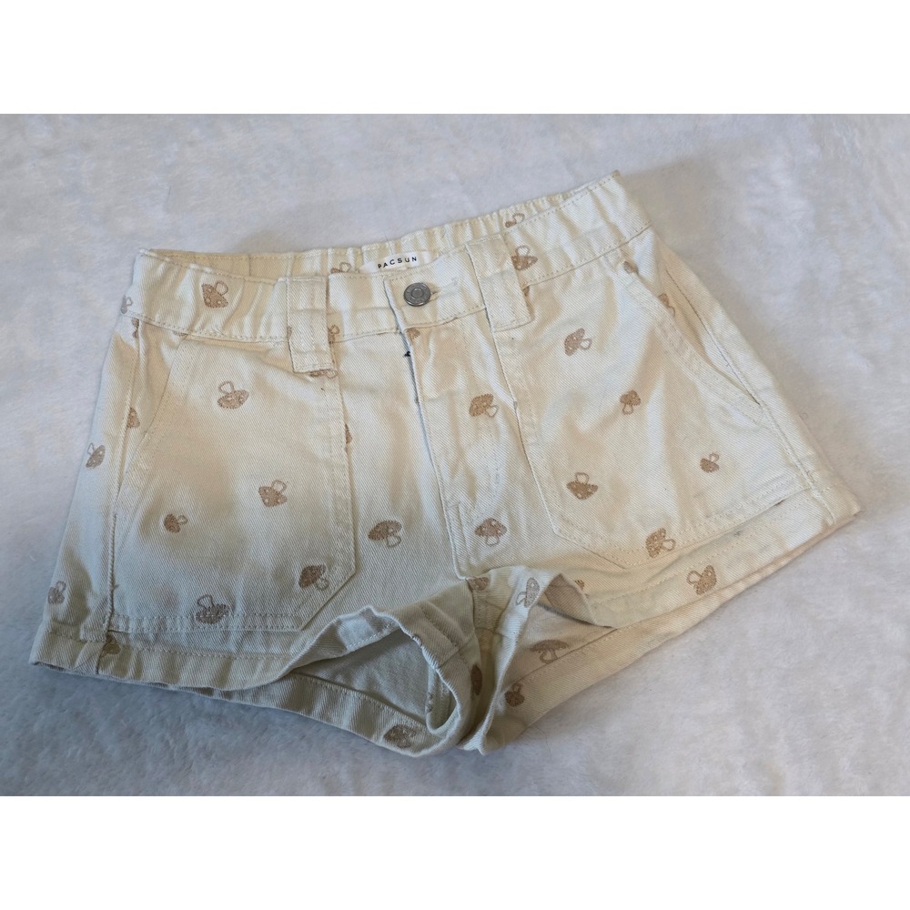 PacSun Womens Cream Mushroom Embroidered Denim Shorts XS Off White Boho Cotton